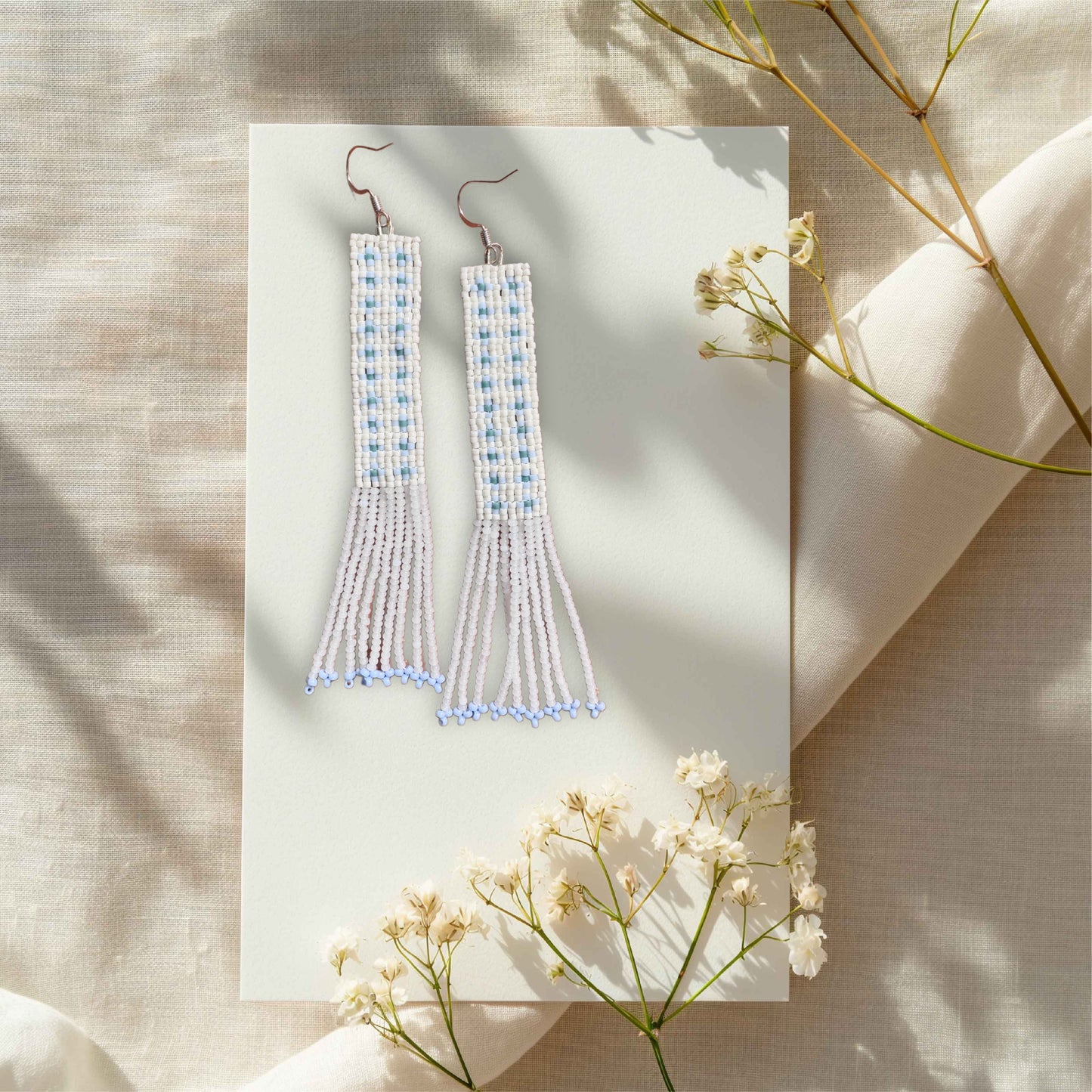 “Bluebell Check” Beaded Fringe Earrings