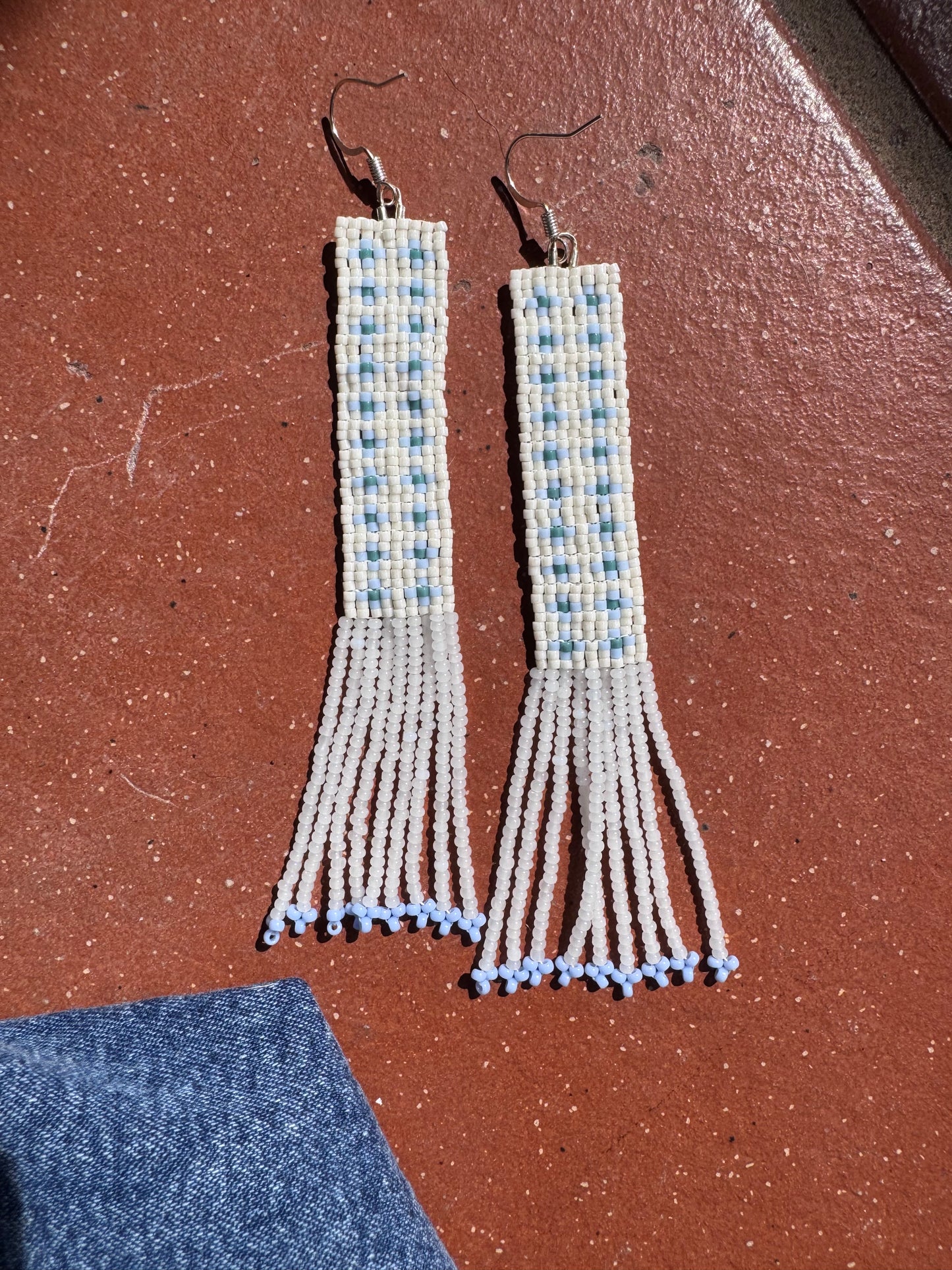 “Bluebell Check” Beaded Fringe Earrings