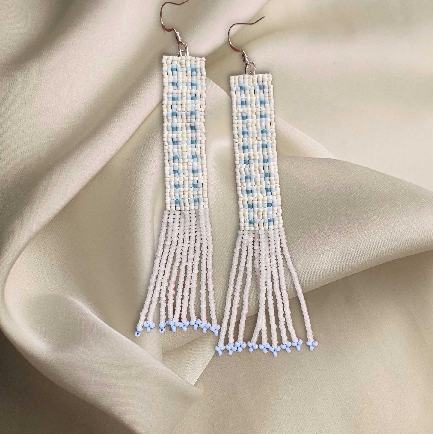 “Bluebell Check” Beaded Fringe Earrings