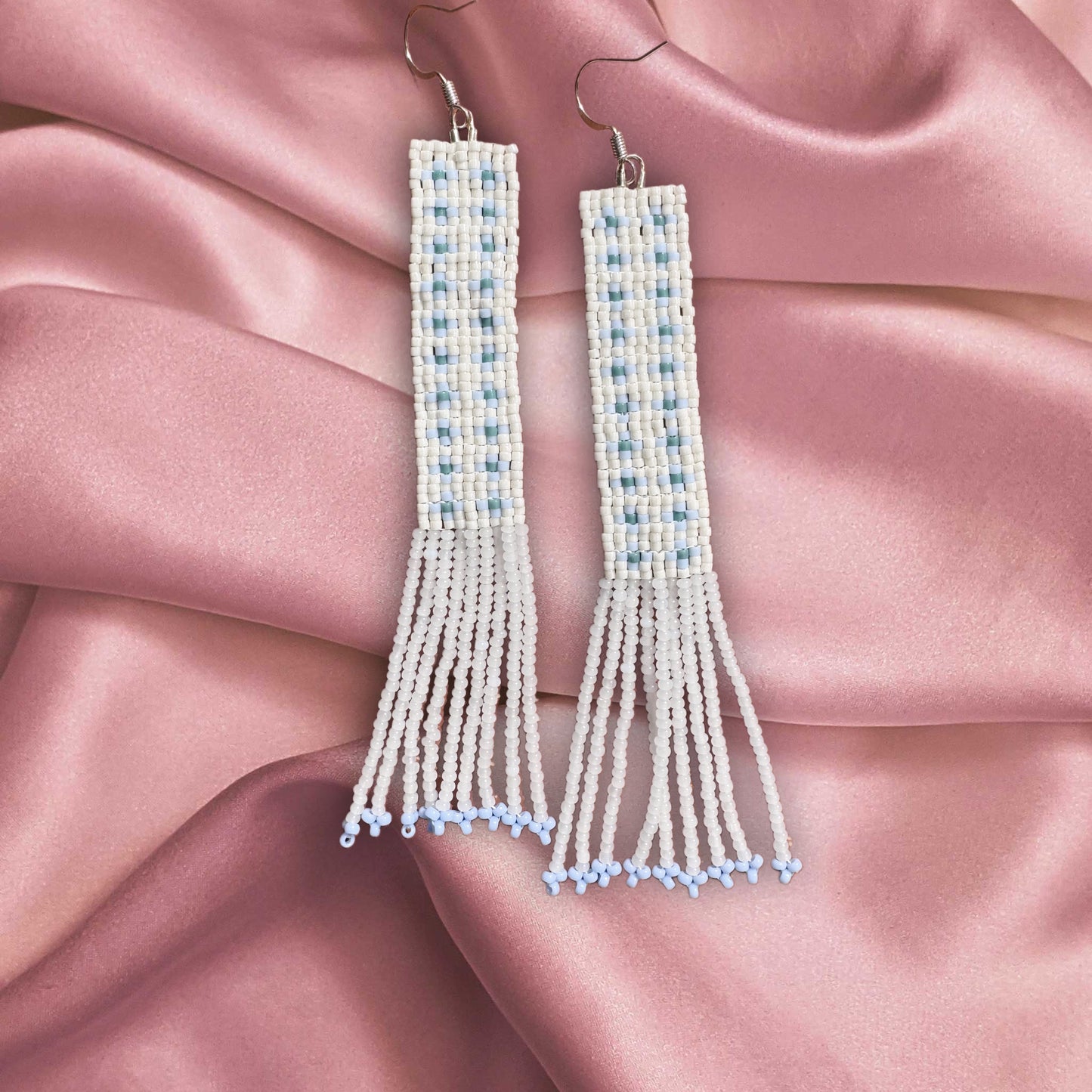 “Bluebell Check” Beaded Fringe Earrings