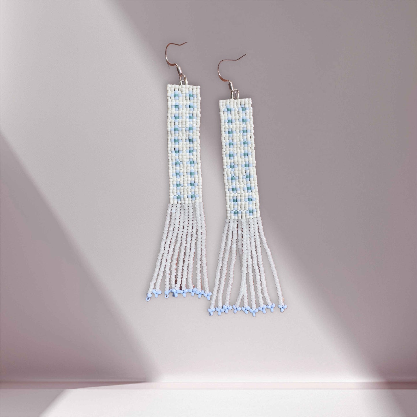 “Bluebell Check” Beaded Fringe Earrings